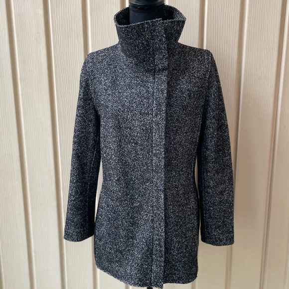 Ann Taylor Petite • Wool Blend Coat Black Gray Funnel Neck Zip Up Mid Length - Picture 5 of 10